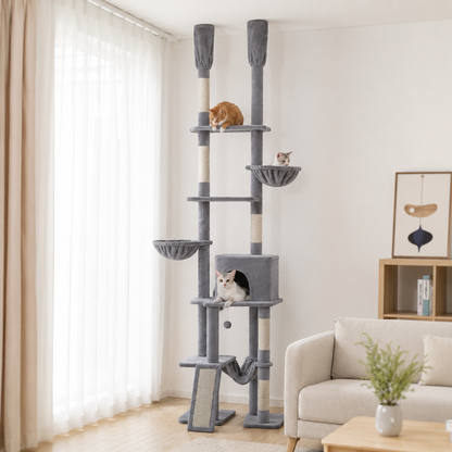 Arbre à chat design XXL du sol au plafond | Hauteur réglable, niche et hamacs | Liane