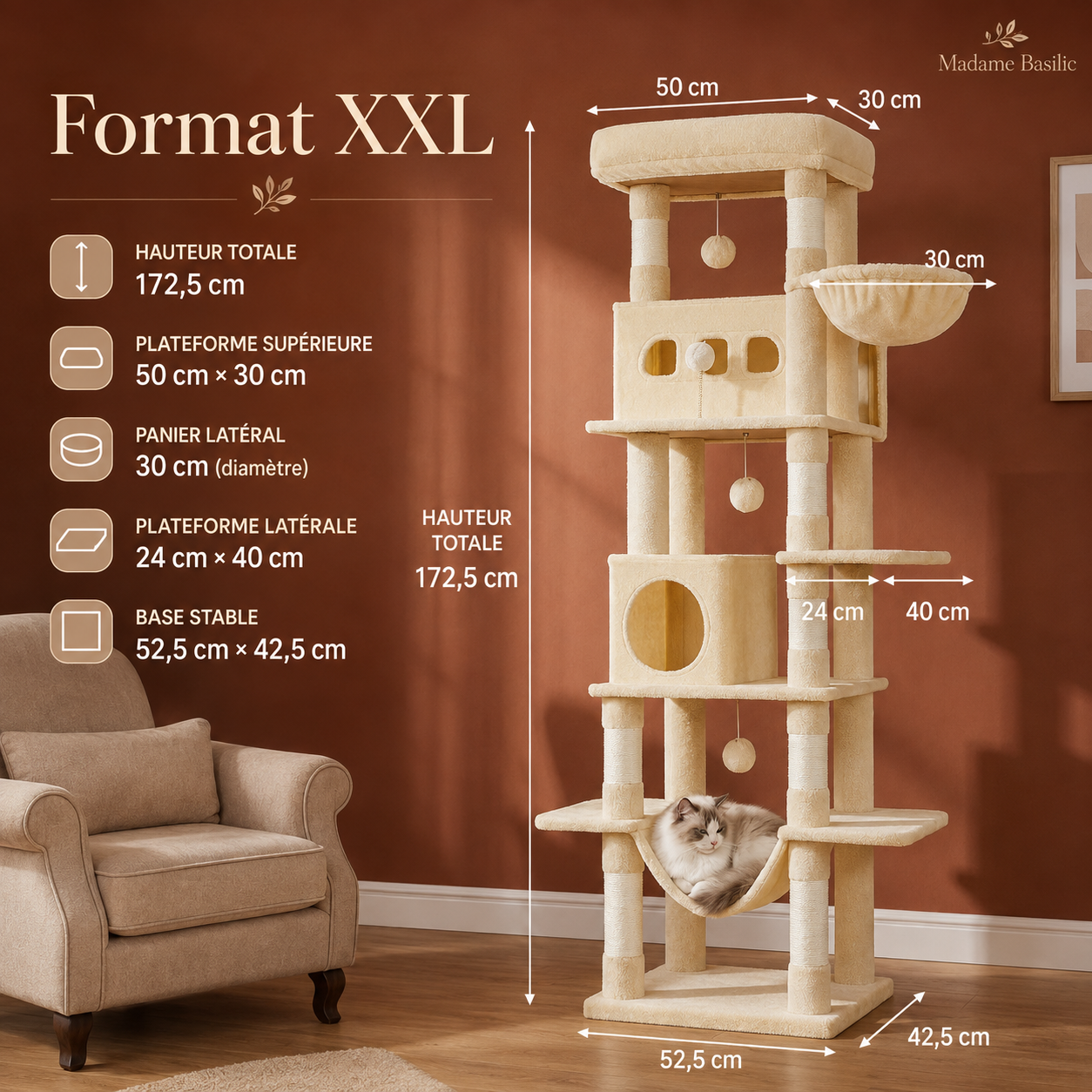 Des plateformes adaptées aux grands gabarits — Arbre à chat XXL pour Maine Coon 170 cm | Grand perchoir et tapis lavable | Oslo