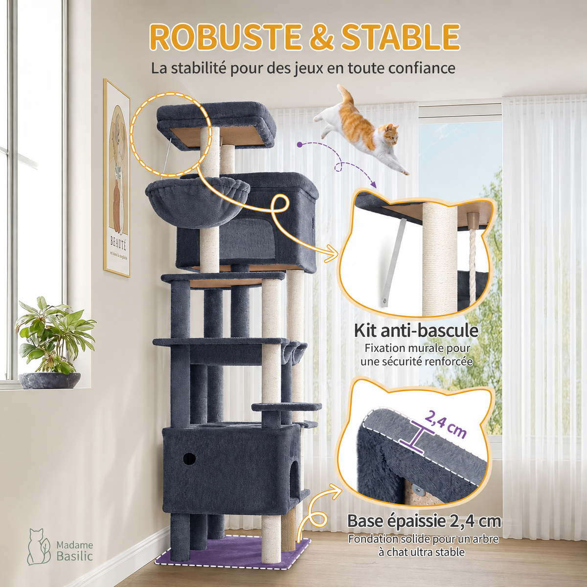 Arbre à chat XXL pour Maine Coon 200 cm | 2 niches, 2 hamacs et grand perchoir | Kodiak
