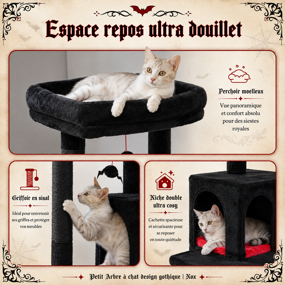 Petit Arbre à chat design gothique 116 ou 143 cm | Niche et grand hamac | Nox