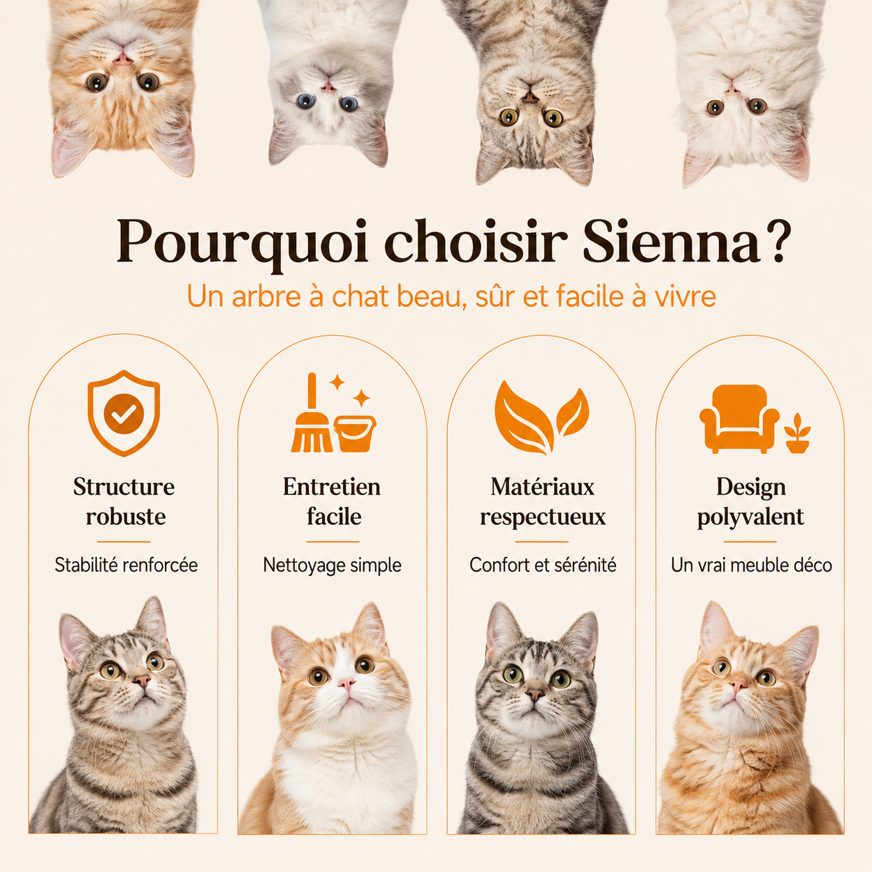 Arbre à chat en bois massif design 110 cm | Coussin et griffoir | Sienna