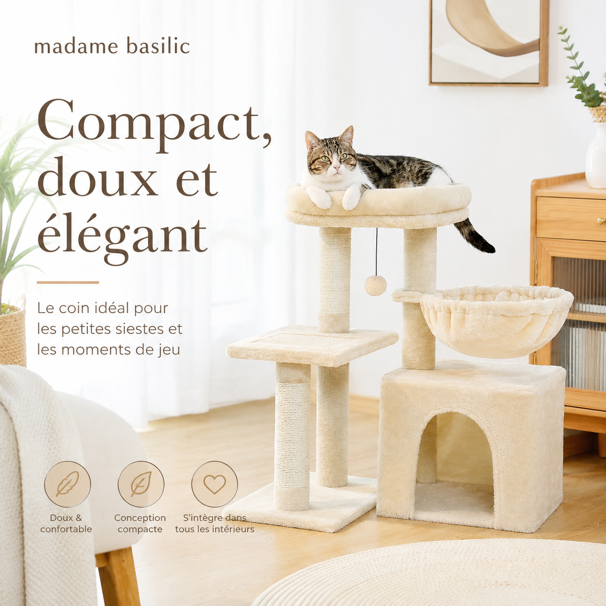 Petit arbre à chat 72 cm | Niche, panier et perchoir rembourré | Nino