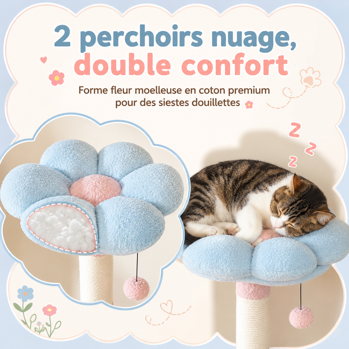 Arbre à chat design XXL pastel 184 cm | Niches et perchoirs nuage | Céleste