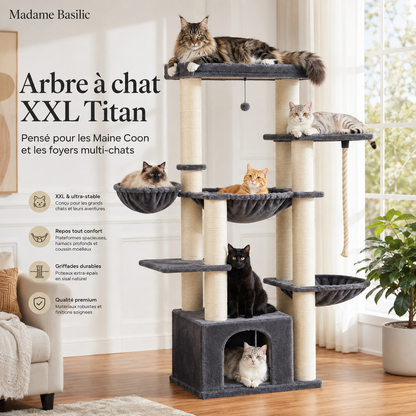 Arbre à chat XXL pour Maine Coon 170 cm | 11 griffoirs et grand hamac | Titan