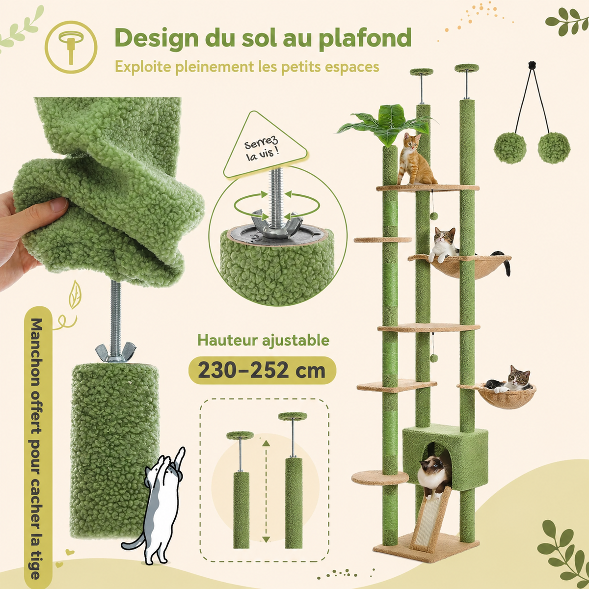 Arbre à chat design XXL cactus du sol au plafond | Niche et hamac | Oasis