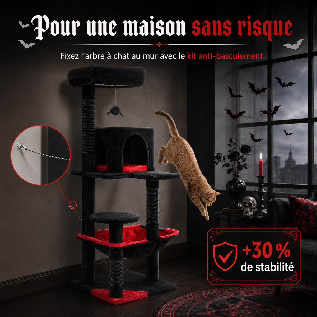 Petit Arbre à chat design gothique 116 ou 143 cm | Niche et grand hamac | Nox