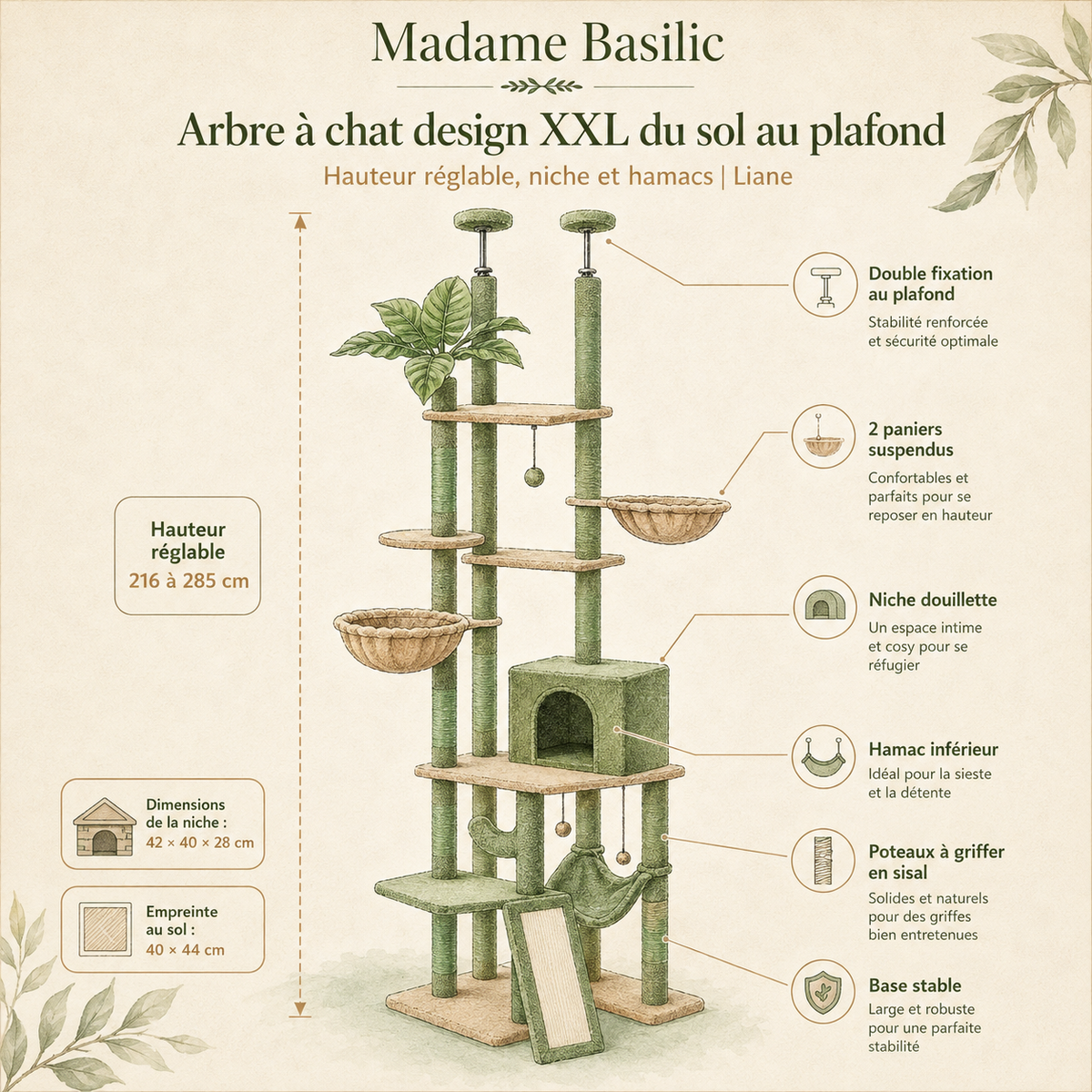 Contenu et détails — Arbre à chat design XXL du sol au plafond | Hauteur réglable, niche et hamacs | Liane