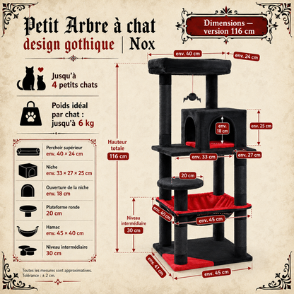 Petit Arbre à chat design gothique 116 ou 143 cm | Niche et grand hamac | Nox