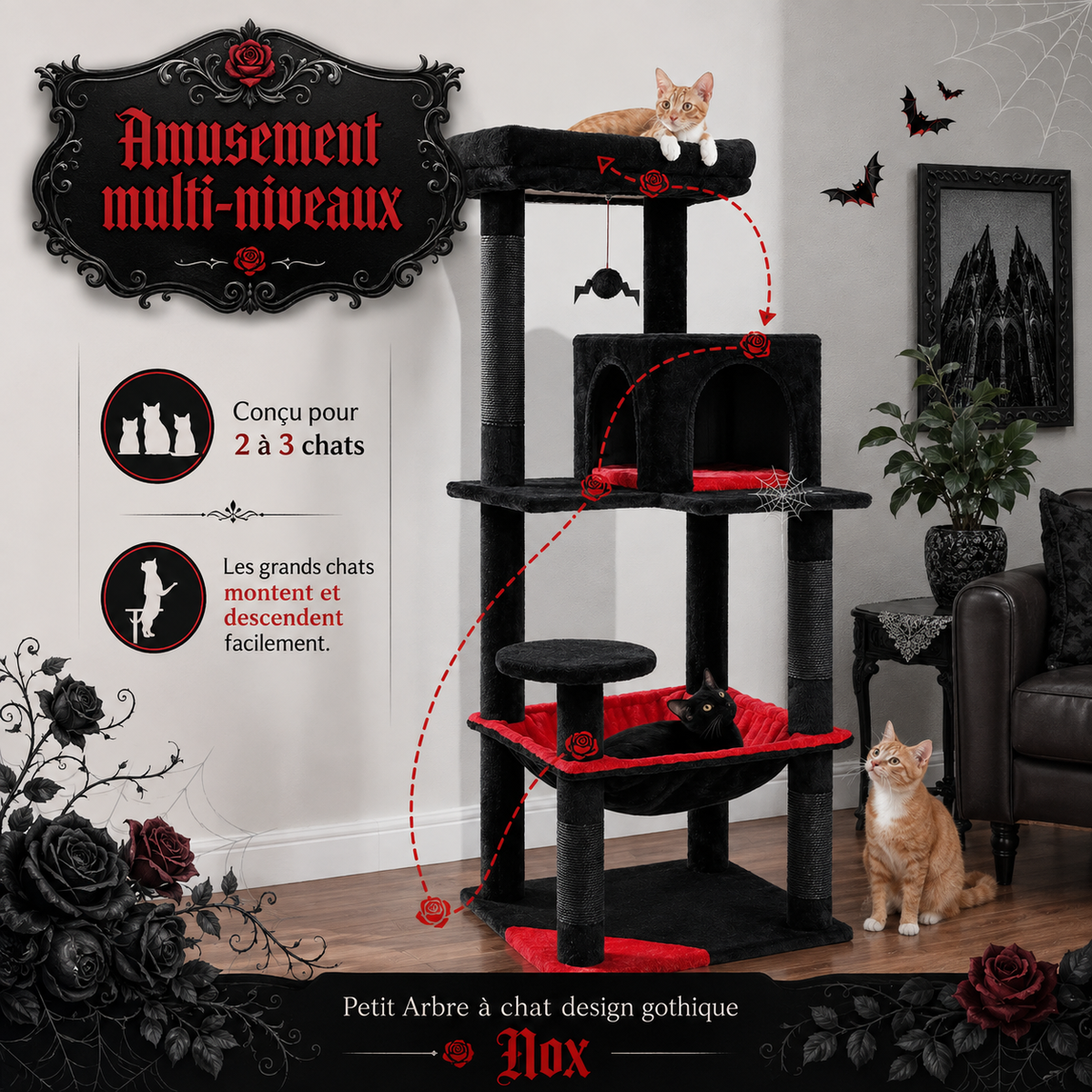 Petit Arbre à chat design gothique 116 ou 143 cm | Niche et grand hamac | Nox
