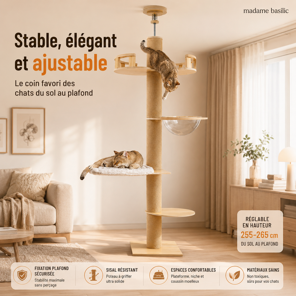 Une colonne ajustée à votre plafond — Arbre à chat XXL en bois design ajustable 255–265 cm | Du sol au plafond | Kyoto