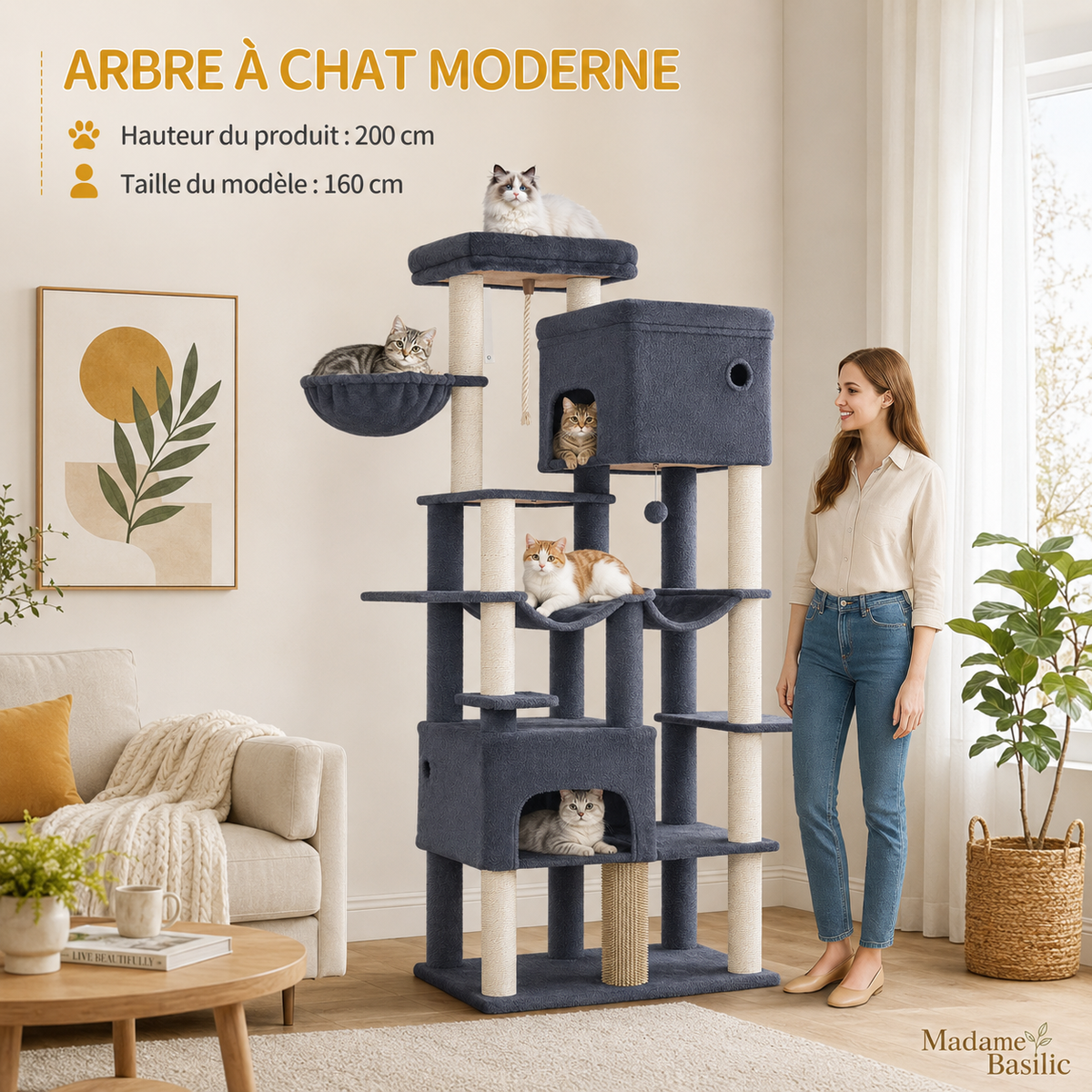 Arbre à chat XXL pour Maine Coon 200 cm | 2 niches, 2 hamacs et grand perchoir | Kodiak