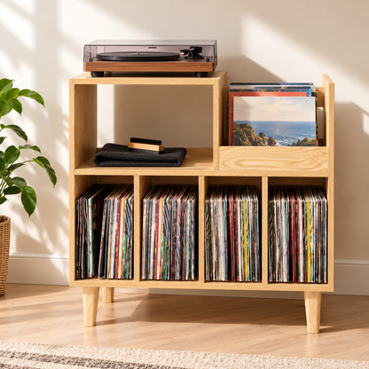 Les quatre casiers à vinyles et la niche du meuble bois clair