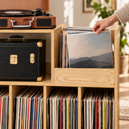 Une pochette choisie dans le bac frontal du meuble vinyle bois clair