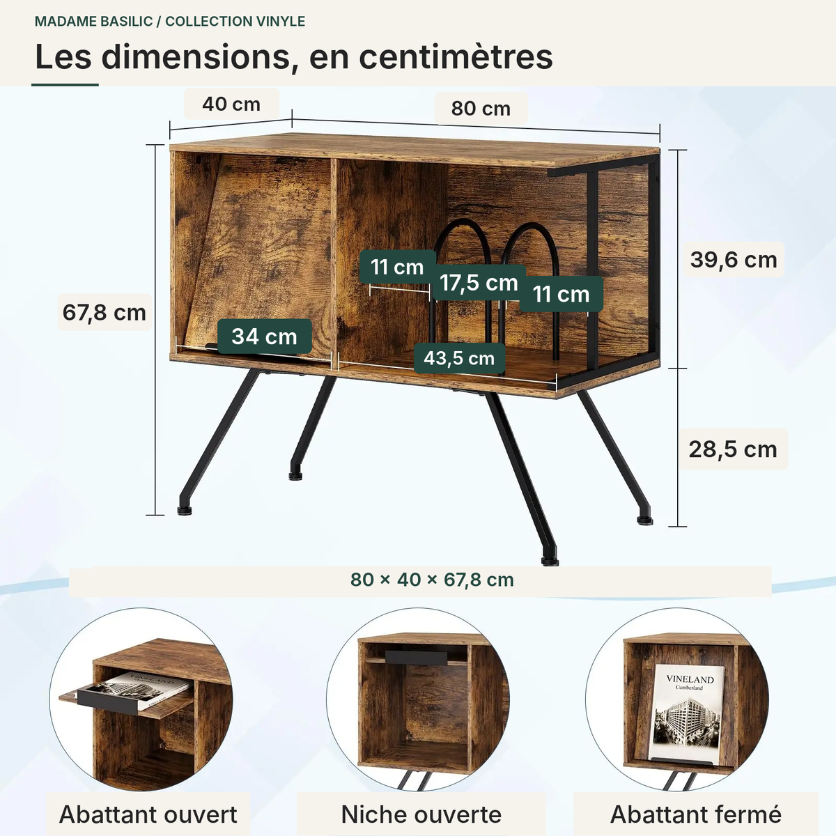 Dimensions du meuble et des rangements en centimètres