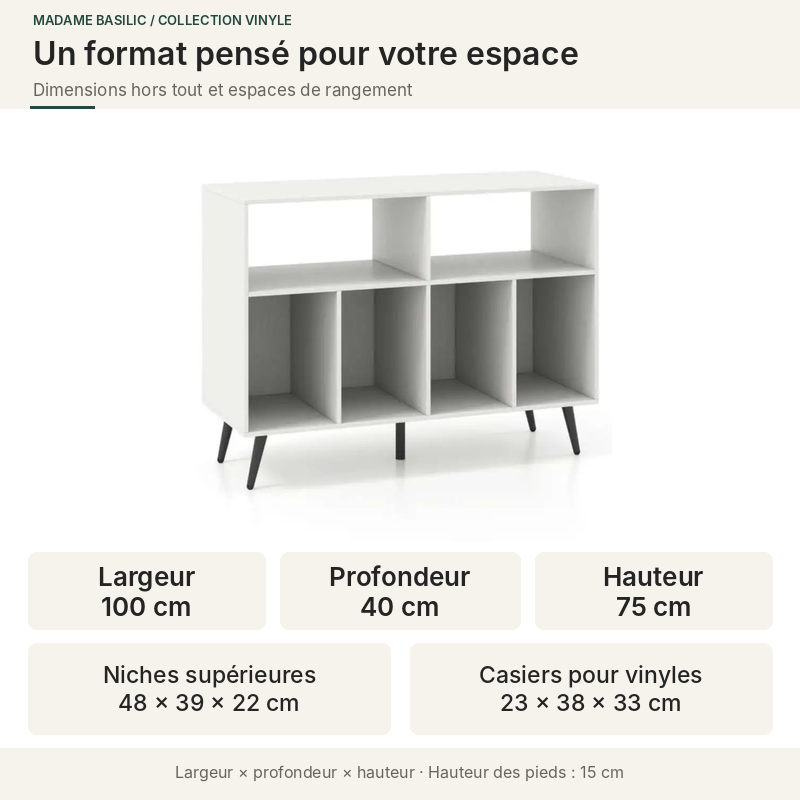 Meuble blanc 100 cm — dimensions et rangement des disques
