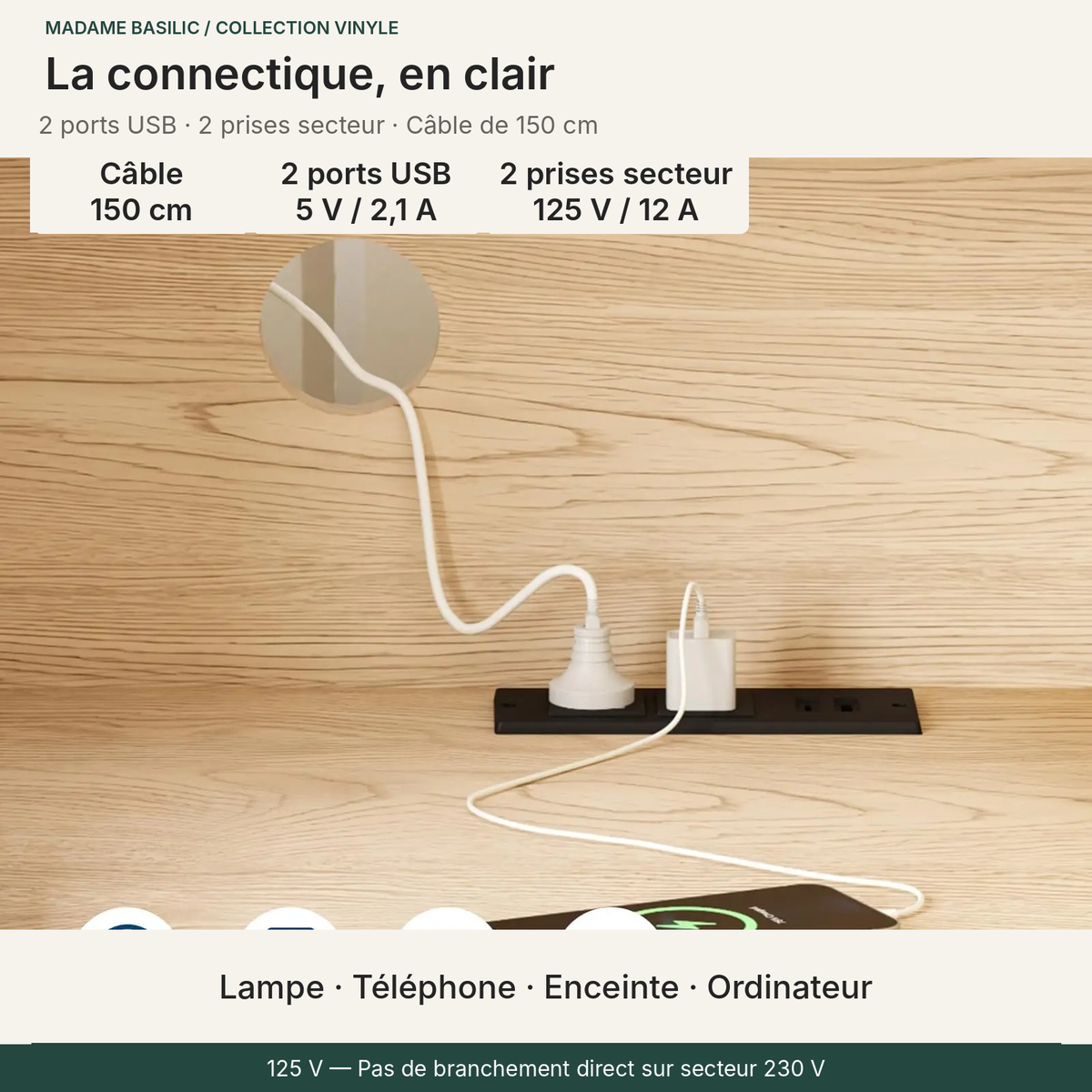 Ports USB et prises intégrées — alimentation 125 V uniquement