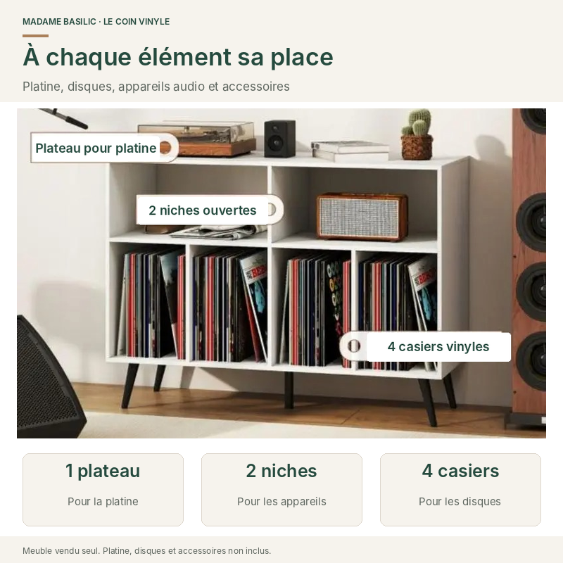 Plateau pour platine, deux niches pour les appareils et quatre casiers vinyles