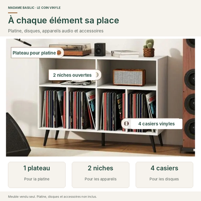 Plateau pour platine, deux niches pour les appareils et quatre casiers vinyles