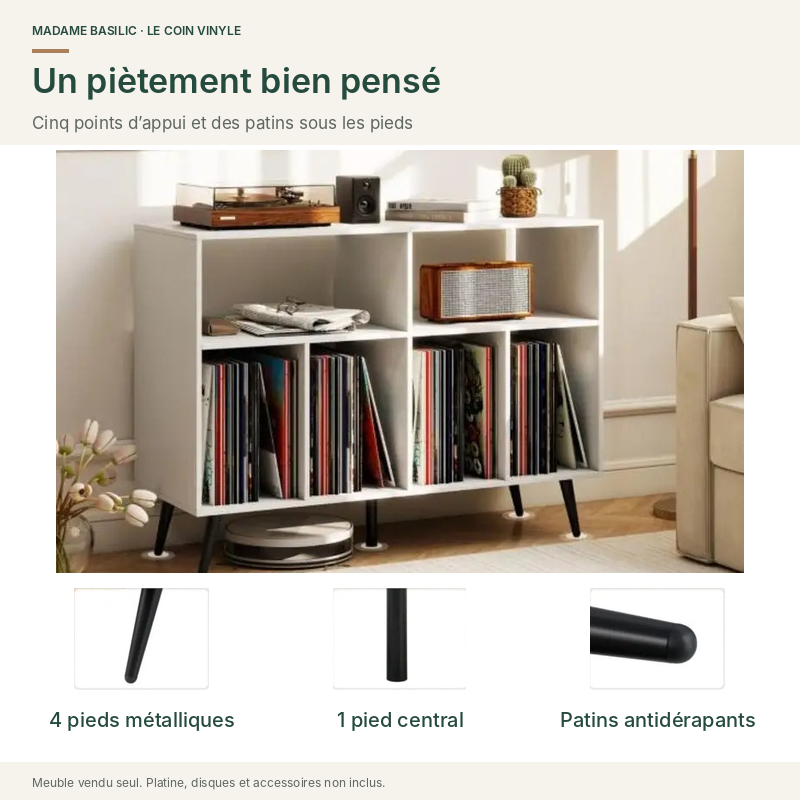 Piètement métallique, pied central et patins antidérapants