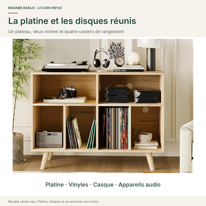 Platine, niches pour appareils audio et quatre casiers pour les disques