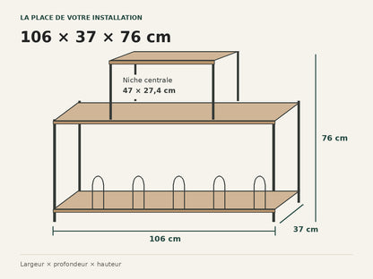 Dimensions du meuble hi-fi : 106 × 37 × 76 cm, sans informations d’emballage