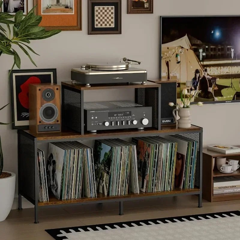 Meuble audio et vinyles dans le salon